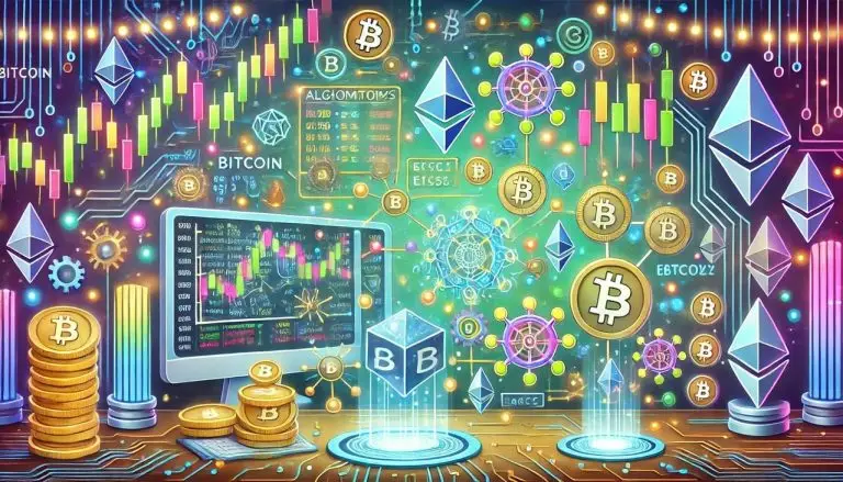 A cartoon-style depiction of algorithms in cryptocurrency trading. The scene features a playful, animated trading interface with glowing candlestick.