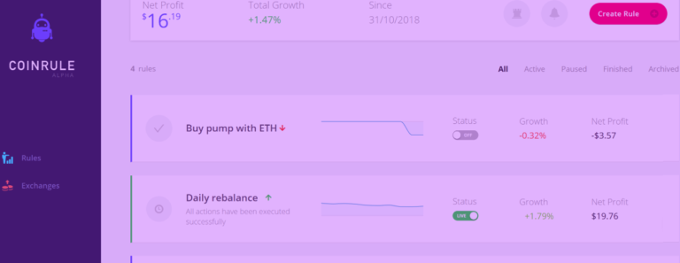 Coinrule dashboard automated trading strategies