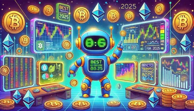 A cartoon-style futuristic illustration showcasing the best crypto trading bots for 2025. The scene features playful, animated robotic trading bots in 2025