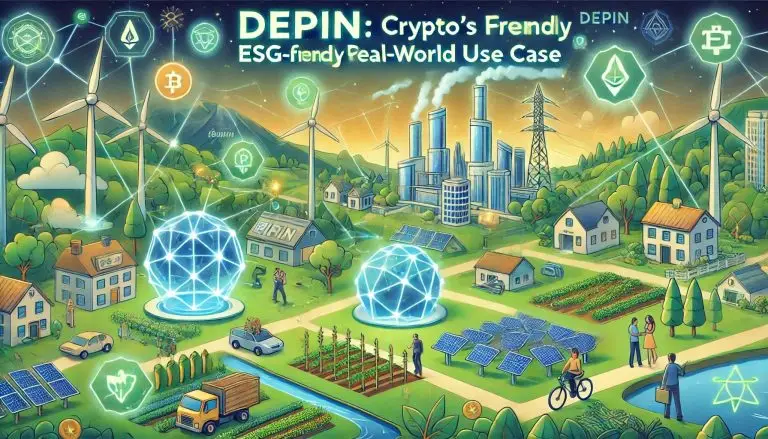 DePIN: Crypto's ESG-Friendly Real-World Use Case," highlighting blockchain-powered sustainability in a futuristic cityscape.