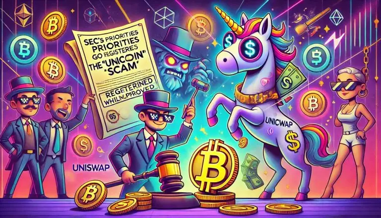 the cartoon-style visuals for "SEC's Priorities Go Haywire: Registering the 'Unicoin' Scam While Suing Uniswap," featuring playful and exaggerated elements to highlight the satirical tone.