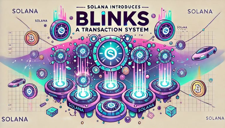 cartoon-style visuals for "Solana Introduces Blinks: A Transaction System," with playful and animated elements showcasing speed and blockchain innovation.