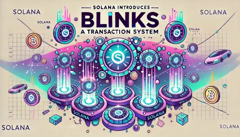 cartoon-style visuals for "Solana Introduces Blinks: A Transaction System," with playful and animated elements showcasing speed and blockchain innovation.