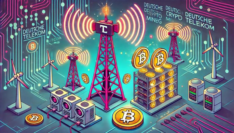 the cartoon-style visuals for "From Telecom Towers to Crypto Mines: Deutsche Telekom Dives into Bitcoin Mining," featuring playful, animated designs while maintaining a futuristic and innovative theme.