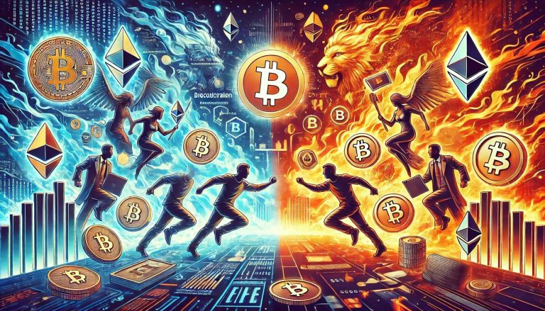 "Crypto Culture Wars Are Heating Up," depicting the clash between decentralization advocates and traditional finance in a dynamic and dramatic style.