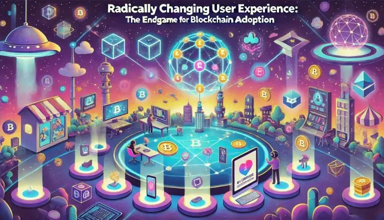 the cartoon-style visuals for "Radically Changing User Experience: The Endgame for Blockchain Adoption," featuring playful and animated designs with futuristic blockchain elements.