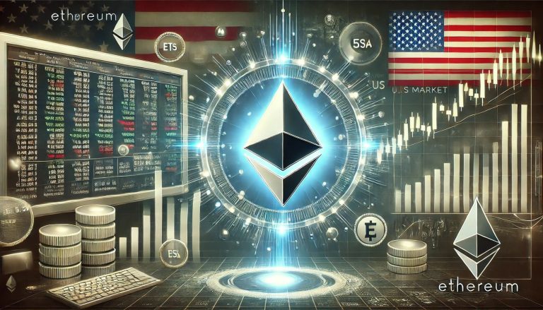 Ethereum ETFs going live in the US market. It combines the futuristic vibe of Ethereum with financial and market elements for a professional touch.