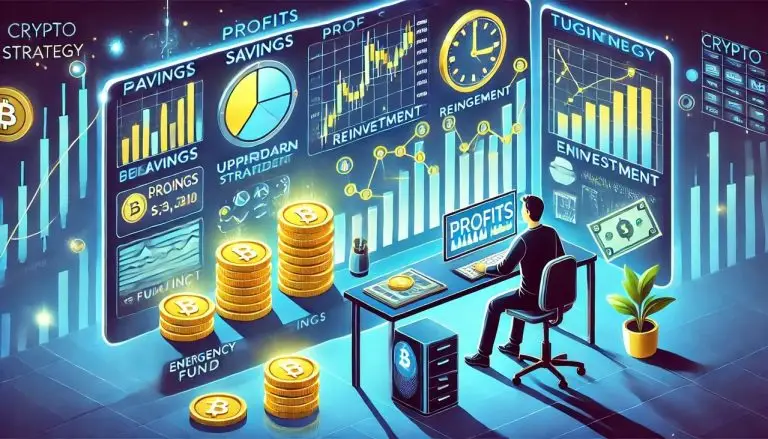 A visually engaging and beginner-friendly representation of a crypto profit-taking strategy. Depict a person or character at a digital trading desk