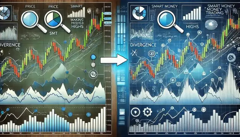 A beginner-friendly, visually engaging representation of SMT (Smart Money Trading) divergence. Depict two charts side by side_ one showing price movem