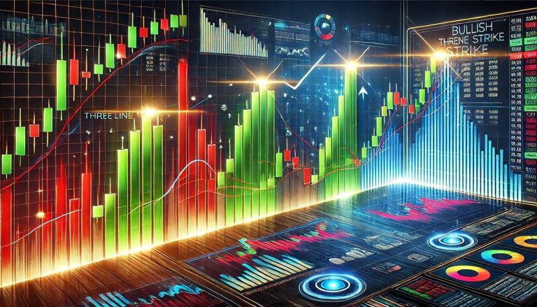 A visually striking illustration of the Bullish Three Line Strike trading pattern, showcasing four candlestick charts on a digital financial trading