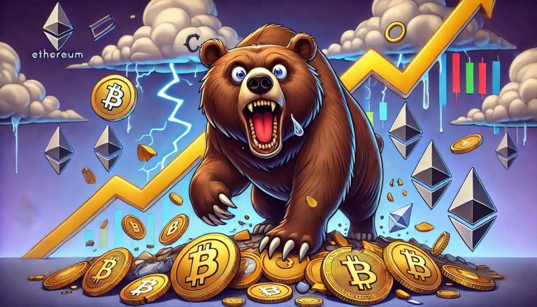 A cartoon-style depiction of a cryptocurrency bear market. The scene features a stylized, animated bear with exaggerated, bold features, looming over