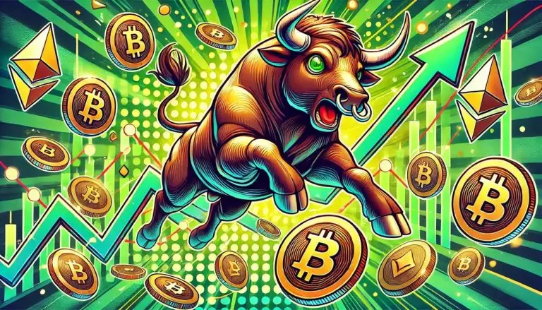 A cartoon-style depiction of a cryptocurrency bull chart pattern. The scene features a bold, animated bull with exaggerated, dynamic features, symboli