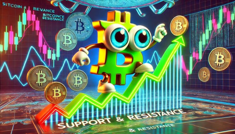 A cartoon-style representation of Bitcoin support and resistance levels. The scene features a playful, animated candlestick chart with exaggerated.