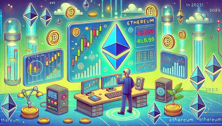 day trading Ethereum in 2025, featuring a fun and futuristic approach with vibrant colors and animated details.