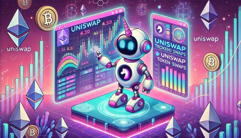 Futuristic Uniswap trading bot in action, highlighting automation and cutting-edge crypto trading technology. Let me know if you'd like a cartoon-style version.