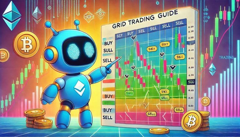 cartoon-style visuals of a grid trading bot guide with vibrant colors and playful, animated elements.