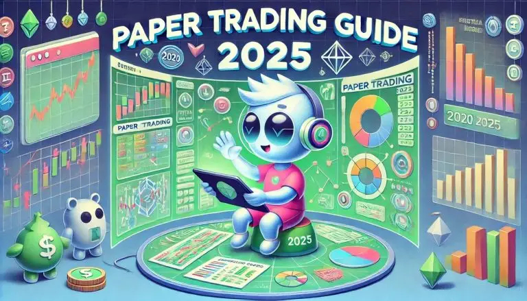 cartoon-style visuals for the "Paper Trading Guide 2025," featuring playful and engaging elements to make trading concepts approachable.