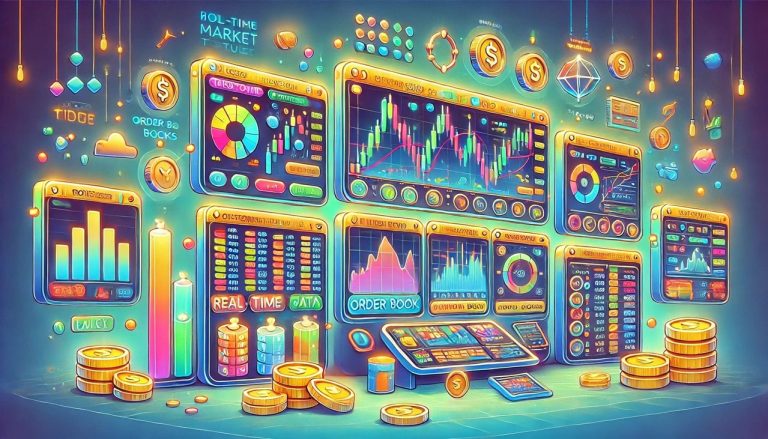 cartoon-style visuals of a trading terminal and its features, showcasing a fun and approachable design with bright colors and playful digital elements.