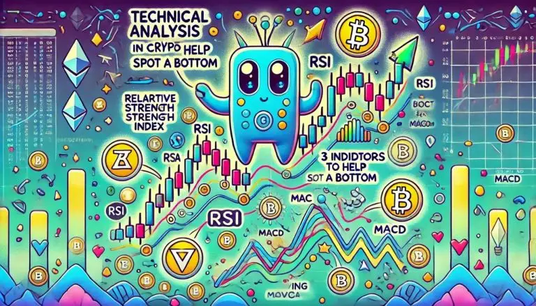 cartoon-style visuals of "Technical Analysis in Crypto: 3 Key Indicators to Help Spot a Bottom," with playful, animated elements and vibrant colors.