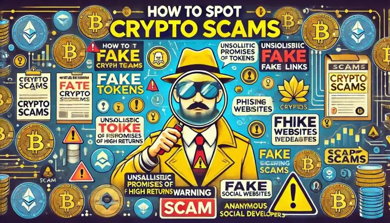 visuals illustrating "How to Spot Crypto Scams," with elements highlighting key warning signs and scam detection in the crypto space.