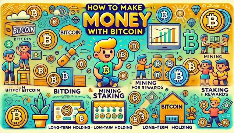 cartoon-style visuals for How to Make Money with Bitcoin, with playful, animated elements highlighting key earning methods.