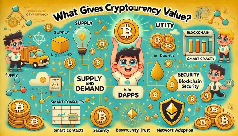 cartoon-style visuals for What Gives Cryptocurrency Value? with playful, animated elements highlighting key factors like supply, utility, and security.