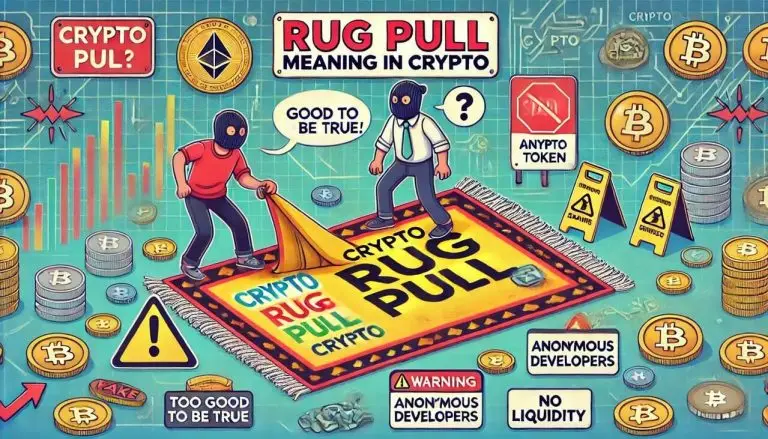 cartoon-style visuals illustrating the concept of a crypto rug pull, highlighting warning signs and the risks involved.