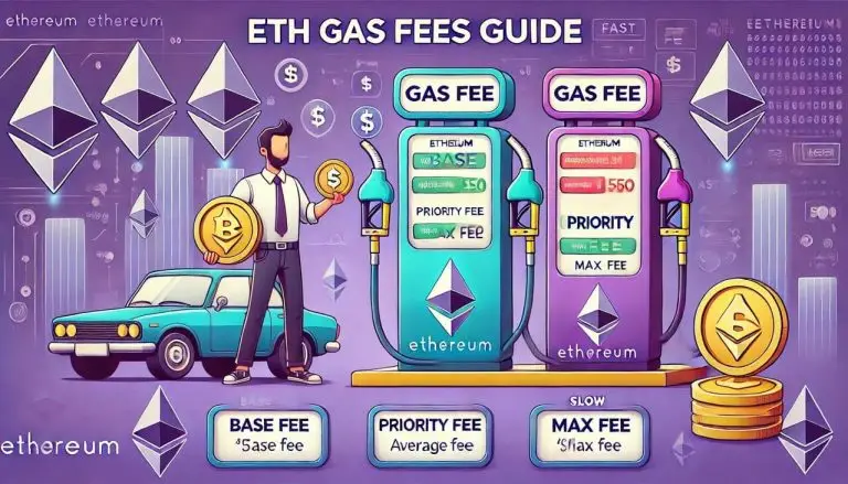 cartoon-style visuals for the "ETH Gas Fees Guide," featuring an animated gas station with Ethereum-themed elements to explain transaction fees.