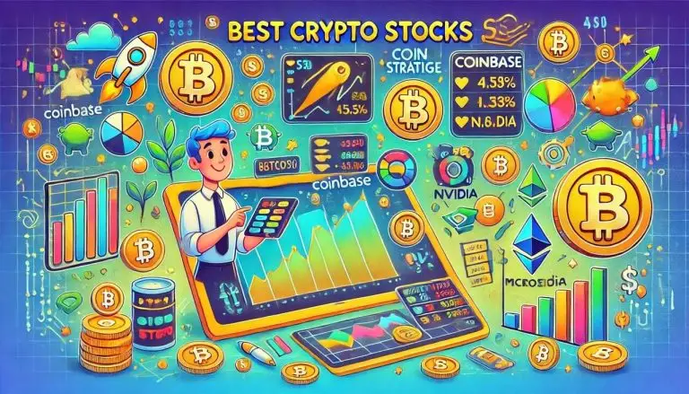 cartoon-style visuals for Best Crypto Stocks, featuring playful stock dashboards, crypto symbols, and an animated investor character.