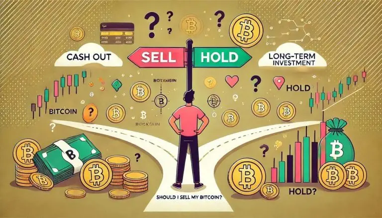 cartoon-style visuals for Should I Sell My Bitcoin? featuring a decision-making scene with clear paths for selling or holding, along with key factors to consider.