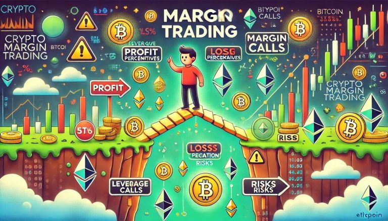 cartoon-style designs for "Crypto Margin Trading," emphasizing the balance between profit and risk with playful visuals.