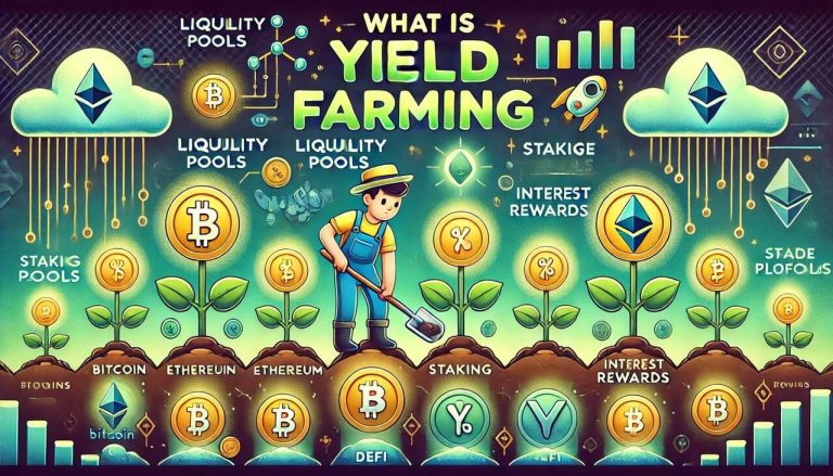 cartoon-style visuals for What Is Yield Farming, depicting crypto tokens being planted and growing into rewards.