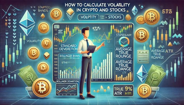 cartoon-style visuals for How to Calculate Volatility in Crypto and Stocks, featuring trading dashboards, key volatility metrics, and market symbols.