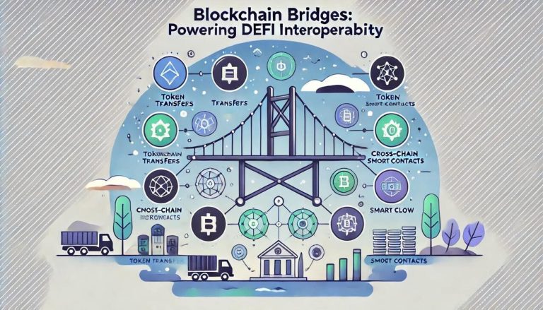 A minimalist and modern cartoon-style design titled Blockchain Bridges Powering DeFi Interoperability. The image features a clean layout with simple design.