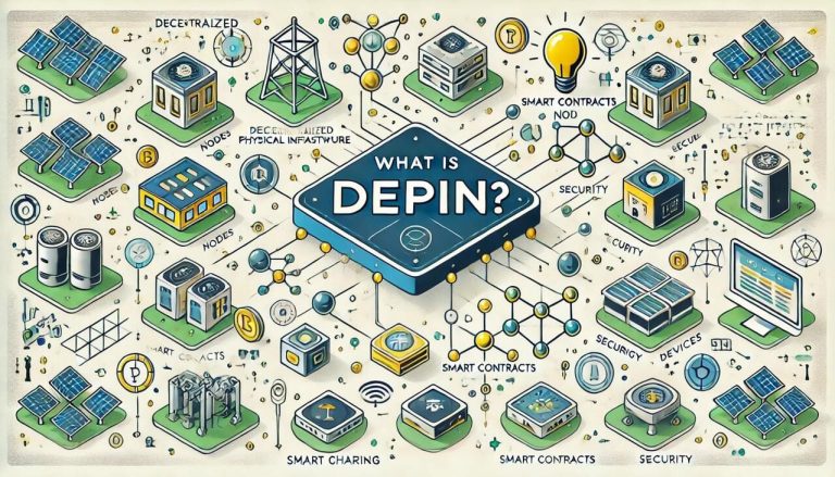 A modern and minimalist cartoon-style design titled What Is DePIN The image features a clean layout illustrating Decentralized Physical Infrastructure