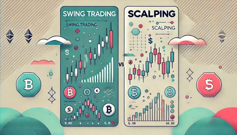 cartoon-style design titled Swing Trading vs Scalping. The image features a minimalist side-by-side comparison of the two trading.