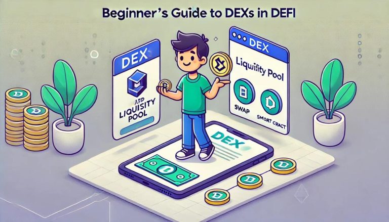 A simple and minimalist cartoon-style design titled Beginner's Guide to DEXs in DeFi The image features a clean layout with three essential icons