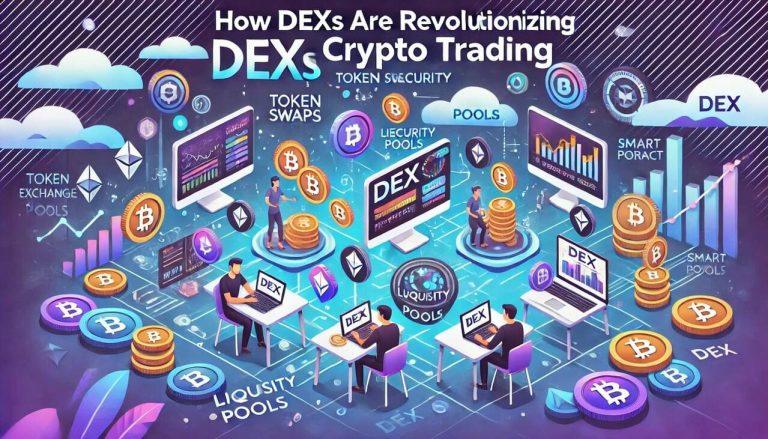 cartoon-style visuals for 22How DEXs Are Revolutionizing Crypto Trading,22 featuring decentralized exchanges, token swaps, and peer-to-peer interaction