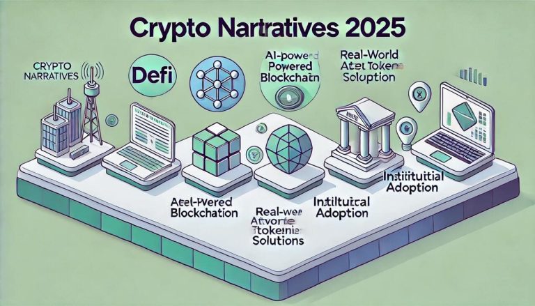 cartoon-style visuals for Crypto Narratives 2025, focusing on minimalist icons and a structured layout