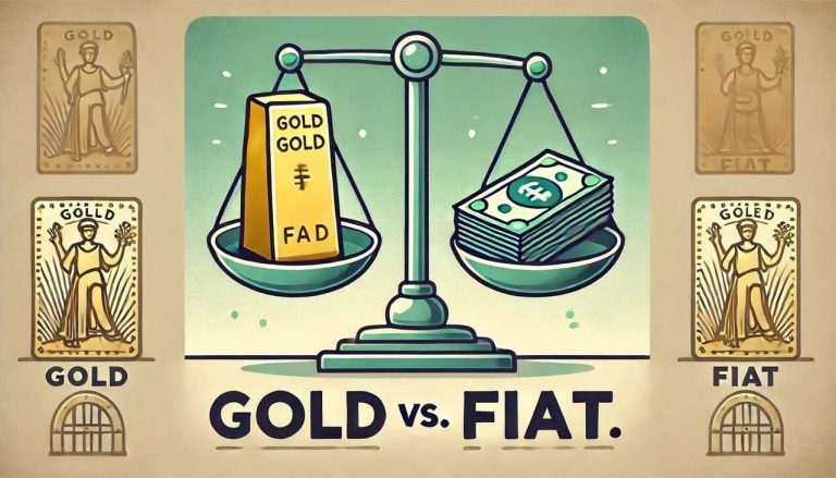 cartoon-style visuals for Gold and Fiat, focusing on a minimalist comparison of wealth storage and financial backing