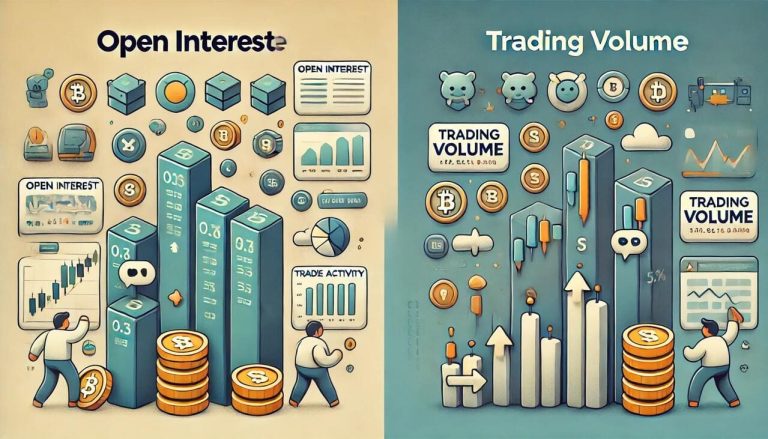 cartoon-style visuals for Open Interest vs. Trading Volume, clearly highlighting their differences