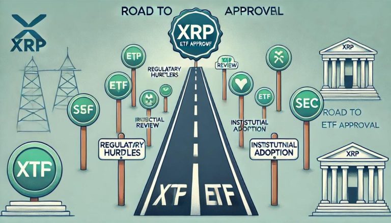 cartoon-style visuals for Road to XRP ETF Approval, featuring a clean, structured design with key milestones