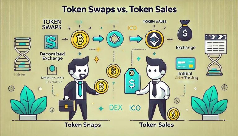 cartoon-style visuals for Token Swaps vs. Token Sales clearly illustrating the differences between both concepts