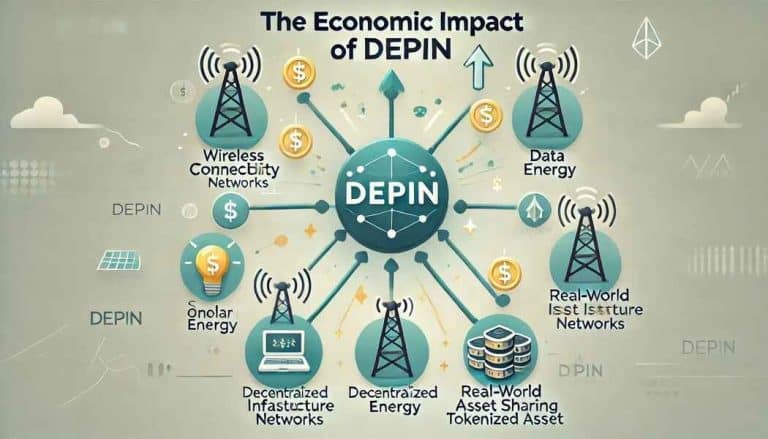 A modern and clean cartoon-style design titled The Economic Impact of DePIN. The image features a central network icon labeled DePIN (Decentralized