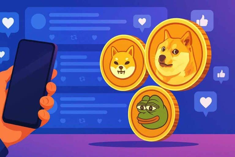 A colorful digital illustration showing a hand holding a smartphone in front of three large gold coins featuring popular memecoin mascots: Shiba Inu, Dogecoin, and Pepe the Frog. The background displays stylized social media icons such as hearts and thumbs up, symbolizing the influence of online trends and community engagement on memecoin popularity.